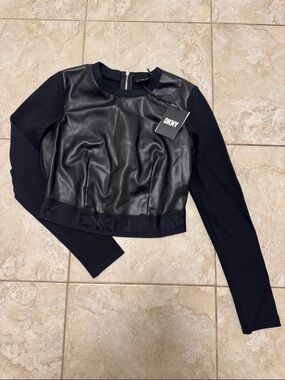 DKNY Black Faux-Leather Front Cropped Long-Sleeve Top